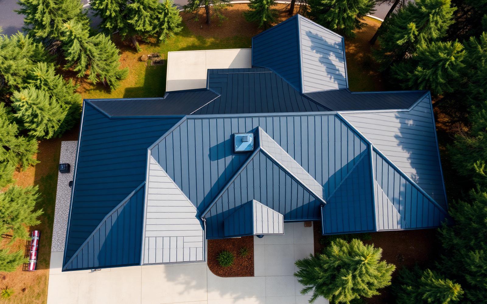Aerial view of standing seam metal roof project